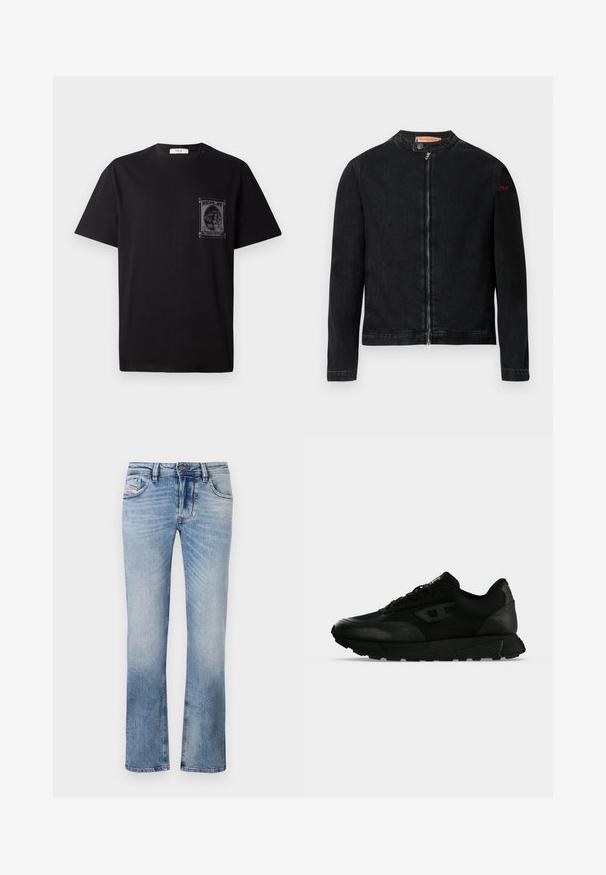 Zwarte denimjas met een ronde kraag, een ritssluiting aan de voorkant en een klein rood logo op de linker mouw. Heeft een gladde textuur en een aansluitend ontwerp.; Zwarte katoenen t-shirt met korte mouwen, voorzien van een grafische print op de linkerborst en een kleine rode accent nabij de halslijn.; Lichtblauwe denim jeans met een rechte pasvorm, voorzien van voorzakken, een rits en subtiele vervagingen door de stof.; Diesel S-TAME D-UP - Sneakers laag - h1669