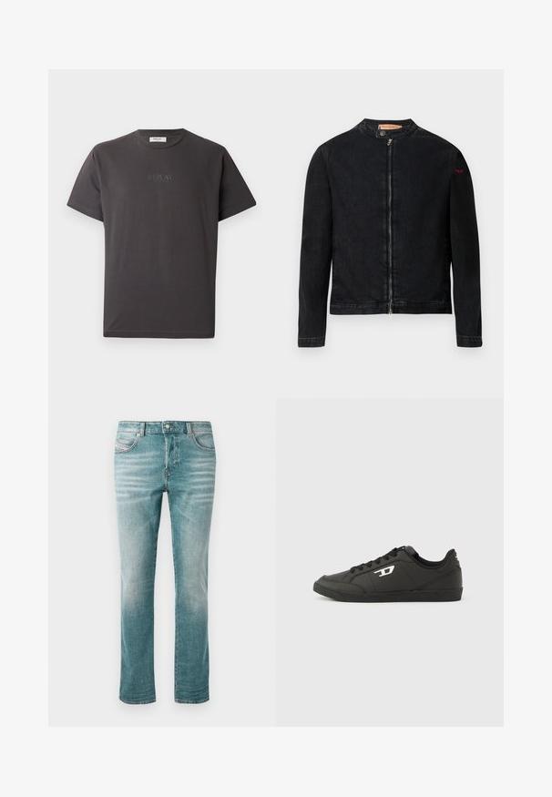 Sort denimjakke med rund krave, lynlås foran og et lille rødt logo på venstre ærme. Har en glat tekstur og tætsiddende design.; Mørkegrå kortærmet bomulds-t-shirt med et diskret reliefprint af "REPLAY" logoet foran. Rund halsudskæring og afslappet pasform.; Lyseblå denimjeans med lige pasform, fem lommer, subtilt slid og en klassisk knaplukning i taljen.; Sorte syntetiske sneakers med en struktureret sort sål, rund tå og flade sorte snørebånd. Fremtrædende hvidt logo på ydersiden.