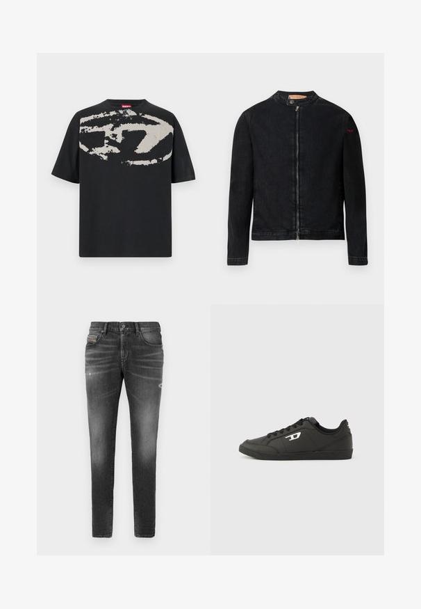 Schwarze Jeansjacke mit rundem Kragen, Reißverschluss vorne und kleinem roten Logo auf dem linken Ärmel. Verfügt über eine glatte Textur und eine taillierte Passform.; Schwarzes T-Shirt mit einem großen, abstrakten hellgrauen Grafik auf der Vorderseite. Mit kurzen Ärmeln und einem klassischen, runden Halsausschnitt. Aus Baumwolle.; Graue Denim-Jeans mit schlankem Schnitt, die über leicht abgewetzte Bereiche, distressed Details und einen traditionellen Knopfverschluss verfügen.; Schwarze Sneakers aus synthetischem Material mit einer strukturierten schwarzen Sohle, rundem Zehenbereich und flachen schwarzen Schnürsenkeln. Auffälliges weißes Logo auf der Außenseite.