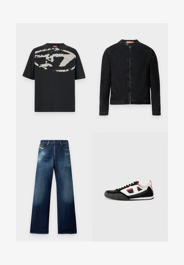 Sort denimjakke med rund krave, lynlås foran og et lille rødt logo på venstre ærme. Har en glat tekstur og tætsiddende design.; Sort t-shirt med et stort, abstrakt lys grå grafik foran. Korte ærmer og en klassisk rund halsudskæring. Materialet er bomuld.; Bredde denim jeans i mørkeblå med slidte områder, distressed detaljer og flossede kanter. Fire lommer og knaplukning.; Diesel S PAGODHA LOW - Sneakers - black