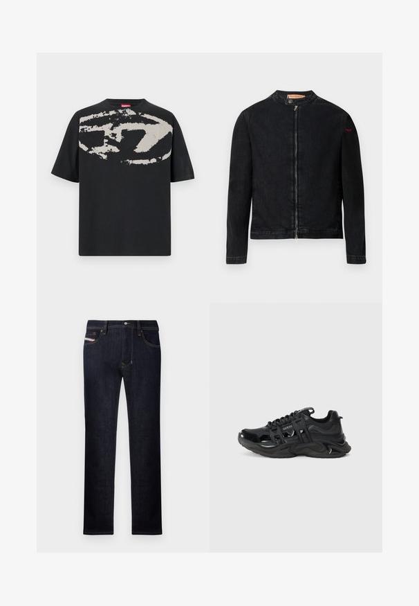 Sort denimjakke med rund krave, lynlås foran og et lille rødt logo på venstre ærme. Har en glat tekstur og tætsiddende design.; Sort t-shirt med et stort, abstrakt lys grå grafik foran. Korte ærmer og en klassisk rund halsudskæring. Materialet er bomuld.; Mørkeblå denim jeans med lige ben-design, der har fem lommer, en knaplukning og kontrasterende syninger.; Sorte atletiske sneakers med glinsende finish, mesh- og syntetisk materiale, tyk bølget sål og udskæringer. Logo på tungen.