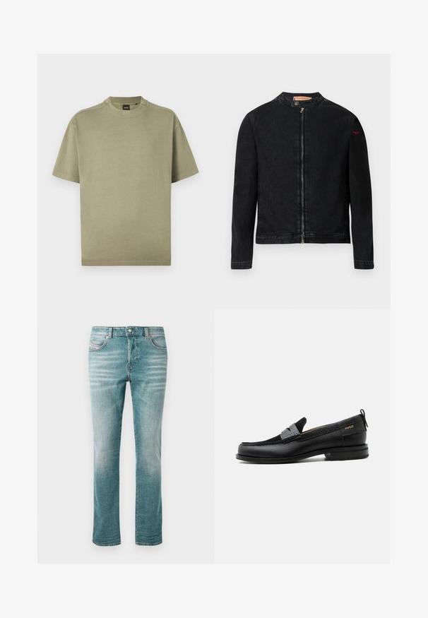 Veste en denim noire avec un col rond, une fermeture éclair frontale et un petit logo rouge sur la manche gauche. Caractérisée par une texture lisse et une coupe ajustée.; T-shirt vert olive à manches courtes en coton doux avec un col rond et un design simple, affichant un logo discret au niveau du col.; Jeans en denim bleu clair avec une coupe droite, cinq poches, un léger délavage, et une fermeture à bouton classique à la taille.; Mocassin en cuir noir avec détail de bride grise, talon bas et semelle texturée, marqué "HUGO" en or sur le côté.