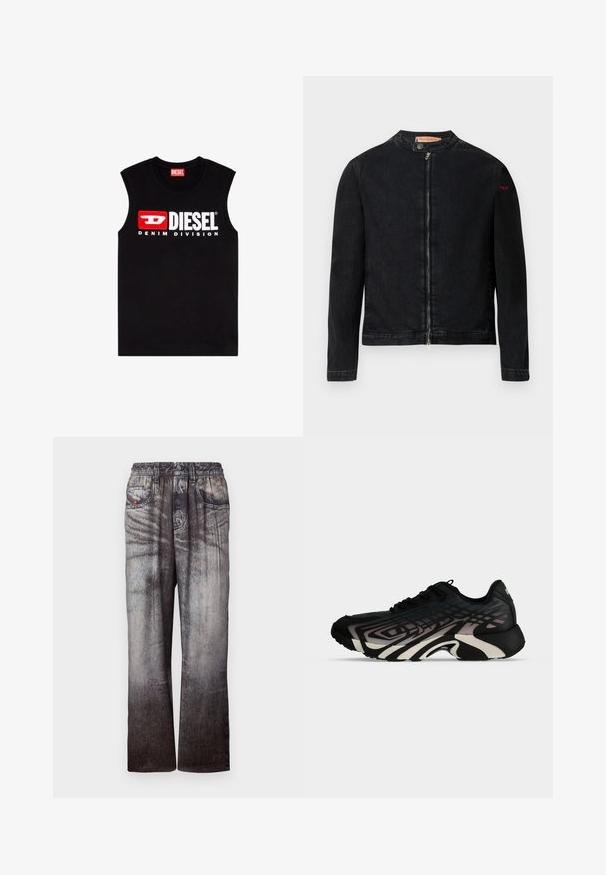 Veste en denim noire avec un col rond, une fermeture éclair frontale et un petit logo rouge sur la manche gauche. Caractérisée par une texture lisse et une coupe ajustée.; T-shirt noir sans manches en coton, arborant un logo "DIESEL" blanc prominent et une boîte d'accent rouge, avec "DENIM DIVISION" en dessous.; Pantalons en denim présentant un dégradé de bleu délavé à gris, une taille élastique et des poches avant. Avec une finition texturée et des coutures subtiles.; Basket de sport noire et grise avec des motifs géométriques superposés et une semelle épaisse et sculptée, vue de côté sur fond blanc.