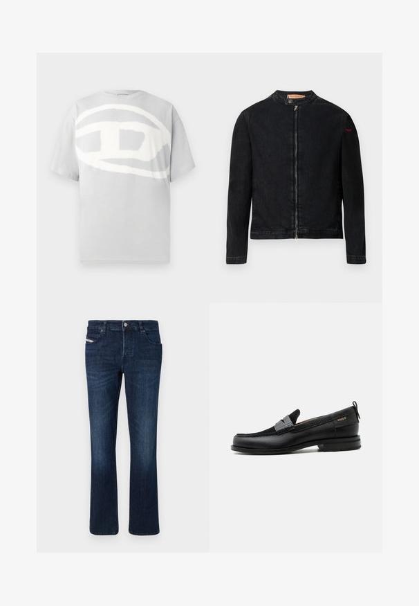 Schwarze Jeansjacke mit rundem Kragen, Reißverschluss vorne und kleinem roten Logo auf dem linken Ärmel. Verfügt über eine glatte Textur und eine taillierte Passform.; Graues Baumwoll-T-Shirt mit einem großen, abstrakten weißen Logo-Design auf der Vorderseite. Kurze Ärmel und Rundhalsausschnitt. Glatte Textur.; Dunkelblaue Denim-Jeans mit geradem Schnitt. Verfügt über fünf Taschen, einen Metallknopfverschluss und dezente Nähte an der Gesäßtasche.; Schwarzer Lederloafer mit grauem Riemendetail, niedrigem Absatz und strukturierter Sohle, seitlich mit „HUGO“ in Gold gebrandmarkt.