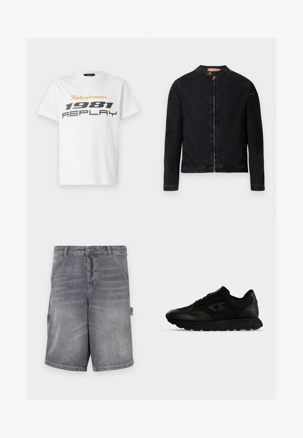 Chaqueta de mezclilla negra con cuello redondo, cierre frontal con cremallera y un pequeño logo rojo en la manga izquierda. Presenta una textura suave y un diseño ajustado.; Replay SHORT SLEEVE GRAPHIC - Camiseta estampada - natural white; Pantalones cortos de mezclilla gris con corte recto, cinco bolsillos y detalles cosidos. Cuentan con cierre de botón y una presilla lateral para ajuste.; Zapatilla negra de corte bajo con piel texturizada y paneles de tela, cierre de cordones y suela gruesa de goma sobre un fondo claro y liso.