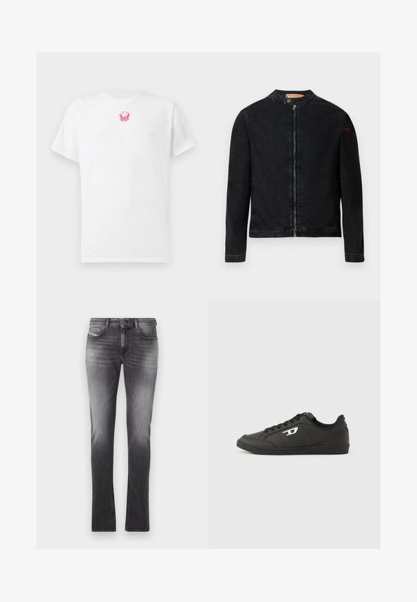 Chaqueta de mezclilla negra con cuello redondo, cierre frontal con cremallera y un pequeño logo rojo en la manga izquierda. Presenta una textura suave y un diseño ajustado.; Camiseta de algodón blanca con mangas cortas, cuello redondo y un pequeño gráfico bordado de un águila rosa en el pecho. Textura suave.; Vaqueros de mezclilla gris con un ajuste slim, diseño de cinco bolsillos y un ligero desgaste. Presentan un cierre de cremallera con botón y detalles de costura.; Zapatillas deportivas negras sintéticas con suela negra texturizada, puntera redonda y cordones planos negros. Destaca un logo blanco en el lateral exterior.