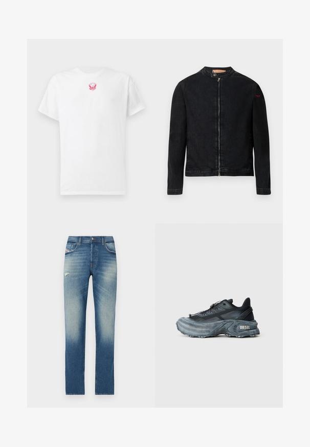 Veste en denim noire avec un col rond, une fermeture éclair frontale et un petit logo rouge sur la manche gauche. Caractérisée par une texture lisse et une coupe ajustée.; T-shirt en coton blanc à manches courtes, col ras du cou, avec un petit graphisme d'aigle brodé en rose sur la poitrine. Texture douce.; Jeans en denim bleu avec un design à jambe droite, présentant un léger délavage, un petit détail usé à l'avant et un style classique à cinq poches.; Baskets Diesel noires et grises avec semelle épaisse, système de laçage à bascule et design texturé sur fond gris clair uni.
