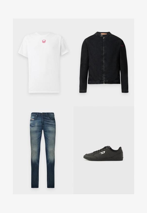 Musta denimtakki, jossa pyöreä kaulus, etuvetoketju ja pieni punainen logo vasemmassa hihassa. Takissa on sileä pinta ja istuva muotoilu.; Valkoinen puuvillat-paita, lyhyillä hihoilla, pyöreällä kaula-aukolla ja rintataskussa pienellä vaaleanpunaisella brodeeratulla kotka-kuvalla. Pehmeä rakenne.; Tummansiniset suorat farkut, joissa on haalistunut kuvio lahkeissa, viisi taskua ja nappikiinnitys vyötäröllä.; Mustat synteettiset tennarit, joissa on teksturoitu musta pohja, pyöreä kärki ja tasaiset mustat nauhat. Ulkosivulla näkyvä valkoinen logo on merkittävä yksityiskohta.