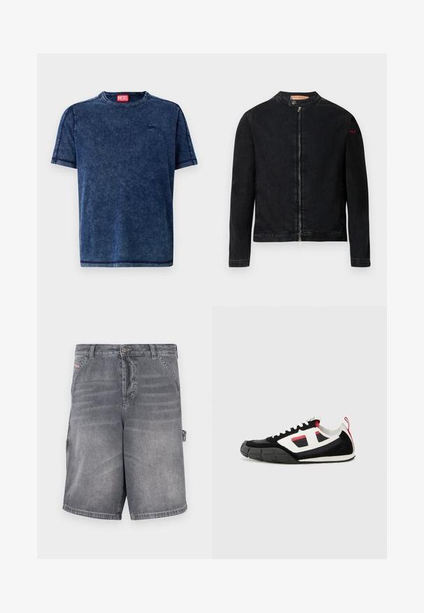 Musta denimtakki, jossa pyöreä kaulus, etuvetoketju ja pieni punainen logo vasemmassa hihassa. Takissa on sileä pinta ja istuva muotoilu.; T-paita tummansinisestä denimmateriaalista, lyhyillä hihoilla, pyöreällä kaula-aukolla ja huomaamattomalla logotietoisuudella. Reunoilla on kontrastiväriset ompeleet.; Harmaat farkkushortsit, joissa on suora leikkaus, viisi taskua ja ommeltu yksityiskohta. Varustettu nappisuljinnalla ja sivulla oleva säätösilmukalla.; Diesel S PAGODHA LOW - Matalavartiset tennarit - black