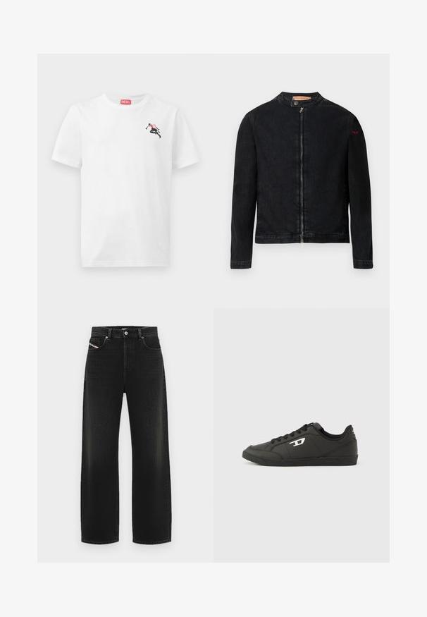 Sort denimjakke med rund krave, lynlås foran og et lille rødt logo på venstre ærme. Har en glat tekstur og tætsiddende design.; Hvid bomulds-T-shirt med en lille sort og rød grafik på venstre bryst og et rødt logomærke ved halsudskæringen. Korte ærmer, rund hals.; Sorte vidde jeans lavet af denim, med høj talje, forlommer og en subtil falmet tekstur, samt en klassisk knaplukning.; Sorte syntetiske sneakers med en struktureret sort sål, rund tå og flade sorte snørebånd. Fremtrædende hvidt logo på ydersiden.