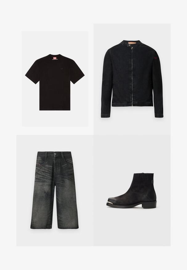 Zwarte denimjas met een ronde kraag, een ritssluiting aan de voorkant en een klein rood logo op de linker mouw. Heeft een gladde textuur en een aansluitend ontwerp.; Zwarte katoenen t-shirt met korte mouwen, ronde hals en een klein reliëflogo op de borst. Rode merklabel bij de hals.; Zwarte wijd uitlopende denim shorts met knopen aan de voorkant, ritssluiting, riemlussen en vervaagde textuurdetails.; Zwarte enkellaars van suede en leer, met een ronde neus, kleine hak, zilverkleurig metallic accent op de neus en elastische zijpanelen.