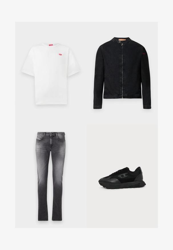 Chaqueta de mezclilla negra con cuello redondo, cierre frontal con cremallera y un pequeño logo rojo en la manga izquierda. Presenta una textura suave y un diseño ajustado.; Camiseta de algodón blanca con mangas cortas, cuello redondo y etiqueta del logo "DIESEL" en rojo. Presenta un pequeño emblema rojo en el lado izquierdo del pecho.; Vaqueros de mezclilla gris con un ajuste slim, diseño de cinco bolsillos y un ligero desgaste. Presentan un cierre de cremallera con botón y detalles de costura.; Zapatilla negra de corte bajo con suela texturizada, parte superior de malla y cuero, cierre de cordones en la parte delantera y un pequeño logo en relieve en el panel lateral.