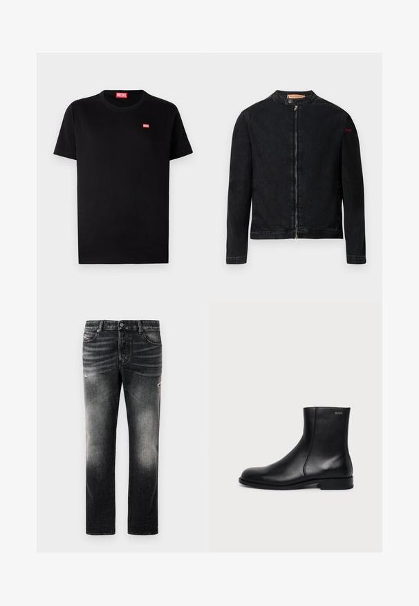Schwarze Jeansjacke mit rundem Kragen, Reißverschluss vorne und kleinem roten Logo auf dem linken Ärmel. Verfügt über eine glatte Textur und eine taillierte Passform.; Schwarzes Baumwoll-T-Shirt mit rundem Halsausschnitt und kurzen Ärmeln. Verfügt über ein kleines rotes Diesel-Logo auf der Brust. Einfaches, klassisches Design.; Schwarze Jeans mit einem verblassten Finish und verwaschenen Akzenten, klassisches Fünf-Taschen-Design und Reißverschluss. Hergestellt aus Denim-Stoff.; Schwarzer Leder-Knöchelstiefel mit niedrigem Absatz, seitlicher Naht und kleinem "HUGO" Logo am oberen Schaft vor einfarbigem Hintergrund.