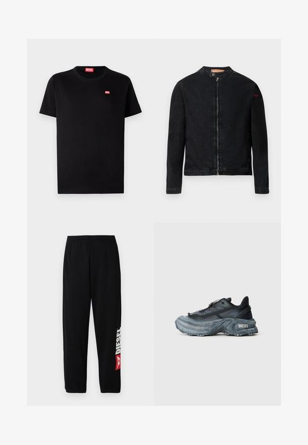 Schwarze Jeansjacke mit rundem Kragen, Reißverschluss vorne und kleinem roten Logo auf dem linken Ärmel. Verfügt über eine glatte Textur und eine taillierte Passform.; Schwarzes Baumwoll-T-Shirt mit rundem Halsausschnitt und kurzen Ärmeln. Verfügt über ein kleines rotes Diesel-Logo auf der Brust. Einfaches, klassisches Design.; Schwarze Sweatpants mit elastischem Bund, ausgestattet mit einem großen weißen "DIESEL"-Logo und rotem Akzent am linken Bein. Weicher, glatter Stoff.; Schwarz- und graue Diesel-Sneaker mit dicker Sohle, Schnürverschluss und strukturiertem Design auf einem schlichten hellgrauen Hintergrund.