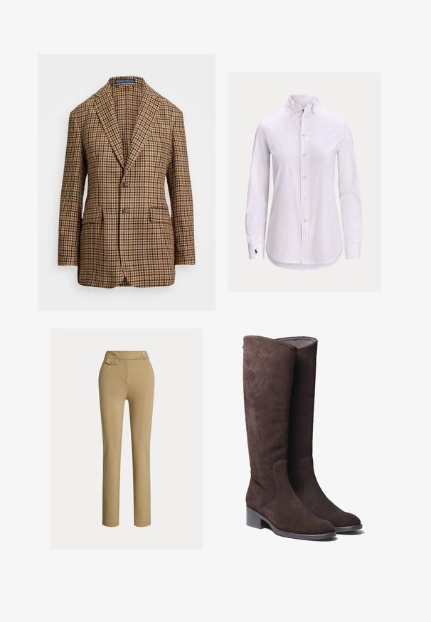 Blazer à carreaux marron et noir avec un revers cranté, deux poches avant et deux boutons, fabriqué en tissu texturé.; Chemise blanche à manches longues avec col boutonné et petit logo brodé sur le poignet gauche.; Pantalons beiges ajustés avec une texture lisse, taille haute, deux boutons décoratifs et une poche arrière. Design à jambe droite.; Bottes en daim marron jusqu'au genou avec un embout légèrement arrondi et un petit talon carré. Présente des détails de couture discrets sur les côtés.