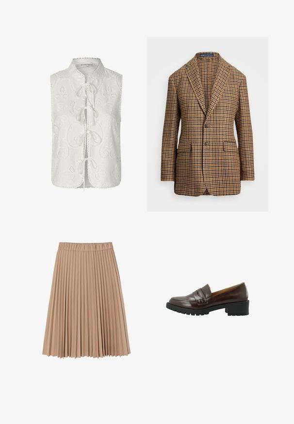 Brun og sort ternet blazer med slagkrave, to forlommer og to knapper, lavet af struktureret stof.; Hvid ærmeløs bluse med blomsterbroderi, rund halsudskæring og snore foran. Bølgeformet kant og detaljerede syninger.; Plisseret nederdel lavet af blødt beige stof; har en elastisk talje og et svævende design med smalle, jævne folder overalt.; Brun læder loafers med en tekstureret overflade, der har en markant rem over vampen, en robust sort gummisål og en lav blokhæll.