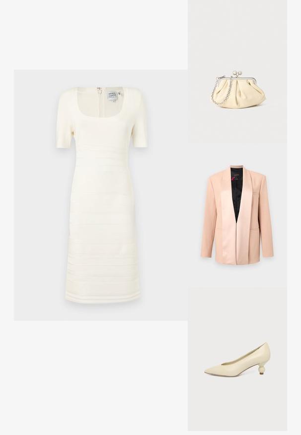 Veste beige pour femme avec col châle en satin, manches longues, poches avant passepoilées et doublure intérieure noire, présentée sur un fond uni.; Robe blanche en tricot à côtes avec un décolleté carré et des manches courtes ; elle présente des motifs de texture horizontaux et une fermeture éclair au dos.; Chaussure femme couleur crème à bout pointu avec un petit talon rond en forme de boule, sur fond uni.; Pochette en cuir beige plissé avec un cadre en métal argenté, dotée de deux fermoirs ronds décoratifs et d'une chaîne en argent.