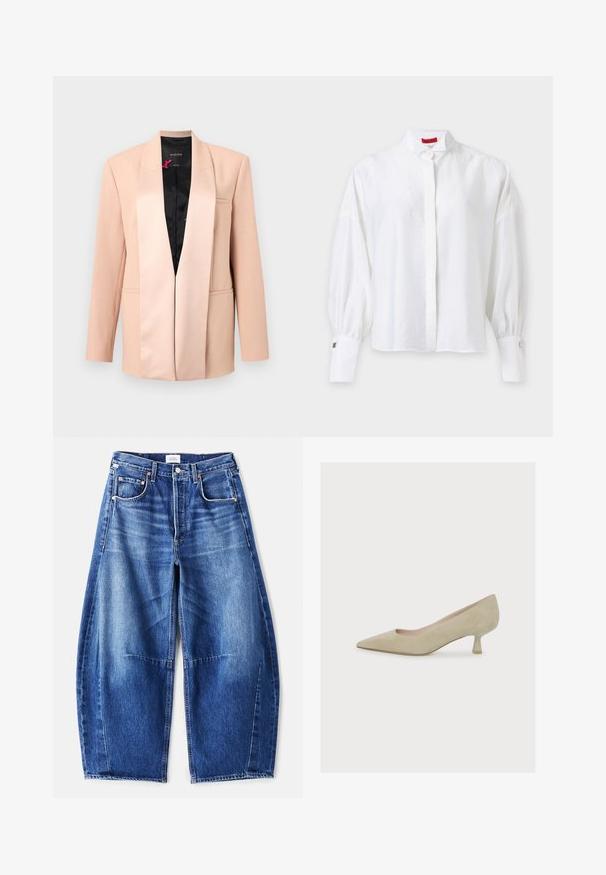 Beige damesblazer med satin shawl-krave, lange ærmer, forlommer og sort indvendig foring, vist mod en ensfarvet baggrund.; Hvid bluse med lange ærmer, høj krave, skjult knapstolpe, puffede ærmer og brede manchetter med metal manchetknapper.; Bredde ben blå denim jeans med en falmet finish, der har fem lommer, kobbernitter og lynlås lukning. Stof er tekstureret og holdbart.; Beige damesko i ruskind med spids tå, lav, slank kittenhæl og en glat, mat finish.