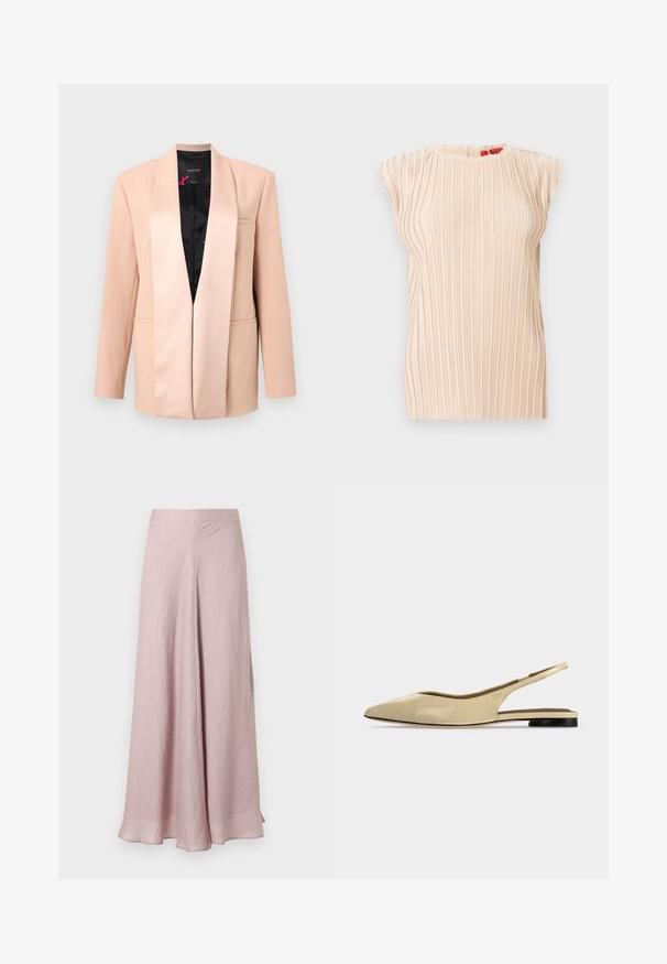 Veste beige pour femme avec col châle en satin, manches longues, poches avant passepoilées et doublure intérieure noire, présentée sur un fond uni.; Blouse plissée beige sans manches avec encolure ronde et texture verticale subtile, présentée sur un fond blanc.; Jupe midi fluide rose clair avec une texture lisse et une légère évasement, dotée d'une taille haute et d'une couture centrale avant.; Chaussure plate beige à bout pointu avec bride arrière, petit talon noir et finition en cuir lisse, vue de côté sur un fond uni.