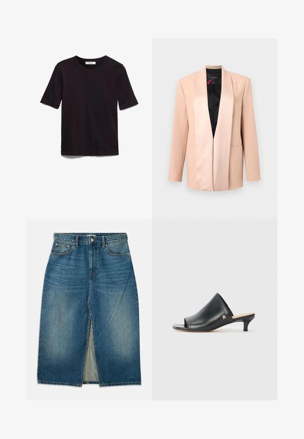 Beiger Damenblazer mit Satin-Schalkragen, langen Ärmeln, vorderen Leistentaschen und schwarzem Innenfutter, vor einfachem Hintergrund präsentiert.; Schwarzes T-Shirt mit kurzen Ärmeln aus weicher Baumwolle, mit rundem Halsausschnitt und glatter, gleichmäßiger Textur in einem schlichten Design.; Jeansrock in Blau mit geradem Schnitt, vorne mit Schlitz, fünf Taschen und kontrastierenden Nähten. Der Stoff hat eine ausgewaschene Textur.; Schwarze Leder-Pantoletten mit offenen Zehen und niedrigem Absatz. Sie verfügen über eine glatte Oberfläche und ein goldenes Logo-Detail an der Seite.