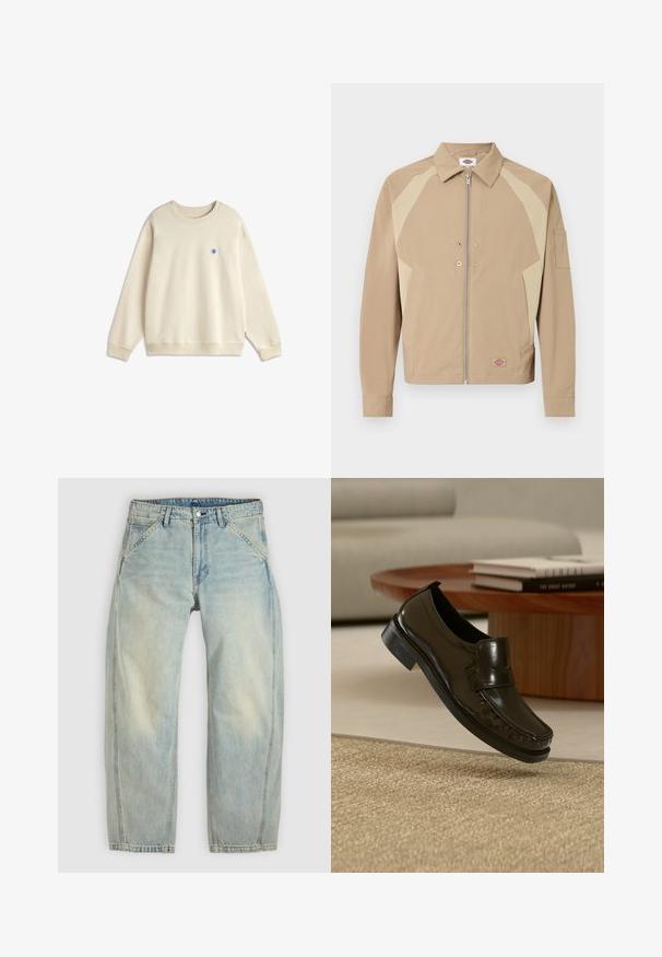 Veste beige zippée avec panneaux d'épaule beige clair, col pointu, poches avant, boutons-pression et petit patch logo près de l'ourlet.; Sweat-shirt beige à manches longues et col rond avec poignets et ourlet côtelés, présentant un petit logo circulaire bleu sur la poitrine gauche.; Jean large couleur bleu clair en denim. Comprend cinq poches, une fermeture par bouton et des zones délavées pour un aspect usé.; Mocassin en cuir noir à enfiler flottant au-dessus d'un tapis beige tissé avec une table basse en bois et des livres en arrière-plan.