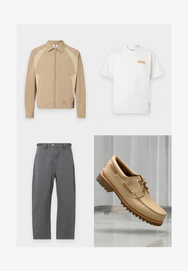 Veste beige zippée avec panneaux d'épaule beige clair, col pointu, poches avant, boutons-pression et petit patch logo près de l'ourlet.; T-shirt blanc à manches courtes avec col rond, petit logo orange "DICKIES" sur la partie supérieure gauche de la poitrine.; Pantalon gris à jambes droites, avec poches avant, passants pour ceinture et fermeture par bouton en laiton, présenté sur fond blanc.; Chaussure bateau en cuir marron clair avec semelle épaisse et striée et détails de lacets, flottant au-dessus d'un sol en marbre et d'un fond de stores verticaux blancs.