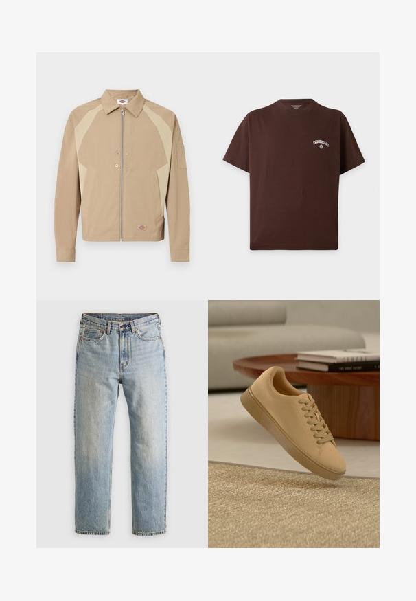 Beige Jacke mit Reißverschluss, hellbeigen Schulterpaneelen, spitzem Kragen, Fronttaschen, Druckknöpfen und einem kleinen Logo-Patch in der Nähe des Saums.; Braunes kurzärmeliges T-Shirt mit rundem Halsausschnitt und weißem "Originals Co."-Text sowie kleinem Logo auf der linken Brust.; Helle blaue Jeans mit hoher Taille, Frontknopf, Reißverschluss und fünf Taschen-Design, flach auf einem neutralen Hintergrund ausgelegt.; Beiger geschnürter Sneaker, der über einem strukturierten Teppich mit Holzcouchtisch und gestapelten Büchern im verschwommenen Hintergrund schwebt.