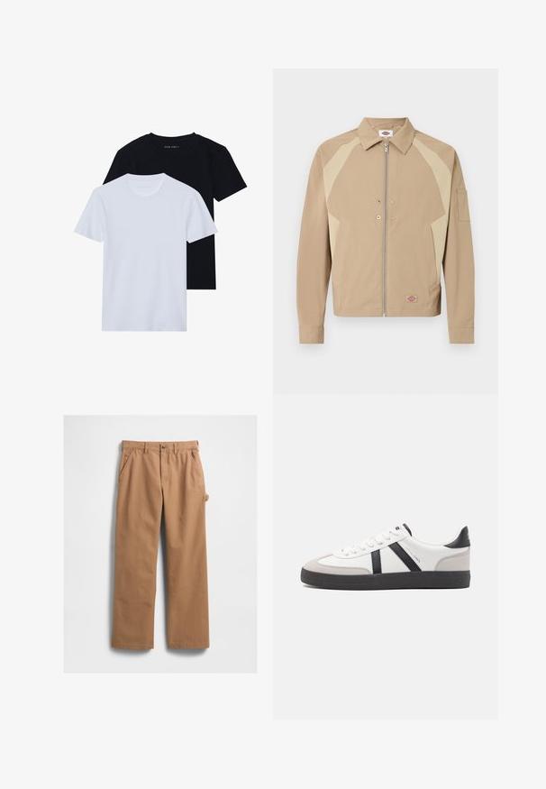 Beige jakke med lynlås med lyse beige skulderpaneler, spids krave, forlommer, trykknapper og et lille logo-patch nær kanten.; To kortærmede t-shirts med rund hals, en sort og en hvid, lavet af blødt bomuldsstof med ribbet struktur. Klassisk pasform design.; Lysebrune bomuldsbukser med et lige ben-design, der har sidelommer og en sidelomme til værktøj. Stoffets tekstur er glat og robust.; Hvide sneakers med sorte og grå detaljer, med en tekstureret grå tåhætte, sort gummisål og flade hvide snørebånd. Rent design, minimalistisk stil.