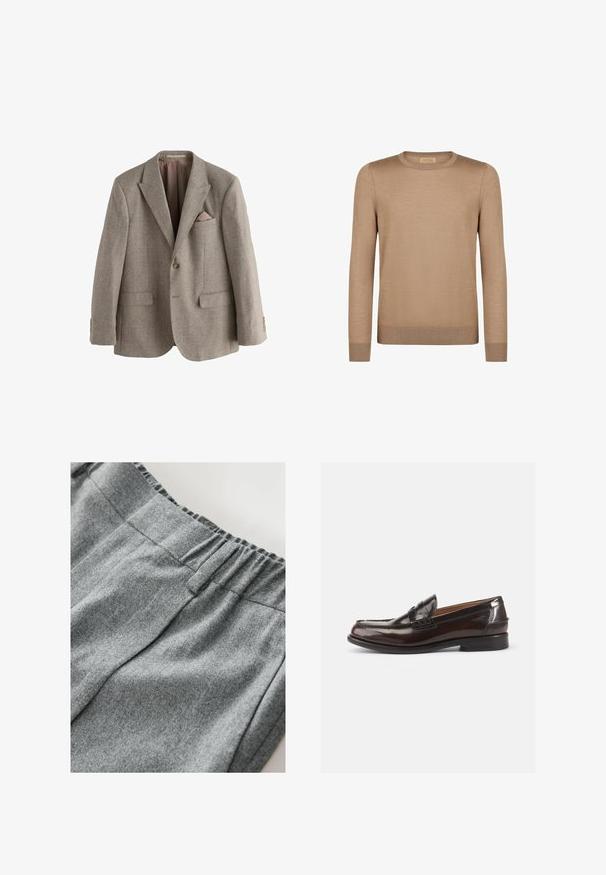 Brun houndstooth blazer med notched lapels, to frontlommer, en brystlomme med pink accent og detaljer i guld-tone knapper.; Brun langærmet sweater i et glat strikstof med rund halsudskæring og ribbede kantbånd og manchetter, der har et minimalistisk design.; Grå sweatshirt-stof med en blød tekstur, der har en elastisk talje og subtile syninger. Nærbillede af materialet.; Brune læder loafers med en blank finish, et syet design ved tåen og en lav hæl. Der er også en præget brandingdetalje på siden.