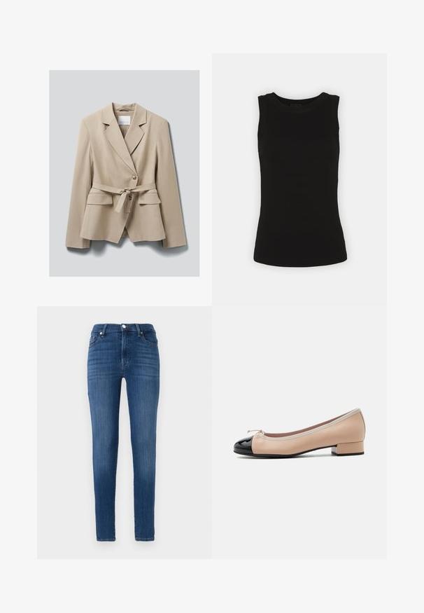 Beige skræddersyet blazer med hakkede slag, to forlommer med klap, knappelukning og et matchende stofbælte bundet i taljen.; Sort ærmeløs tanktop i ribbet bomuld med rund halsudskæring og tætsiddende silhuet.; Slanke jeans lavet af mørkeblå denim. Har høj talje, forlommer og subtil falming. Lige benudskæring med søm.; Dame-balletsko med lav hæl i beige læderoverdel, sort lak-tåkappe, beige kant og en lille sløjfe på toppen.