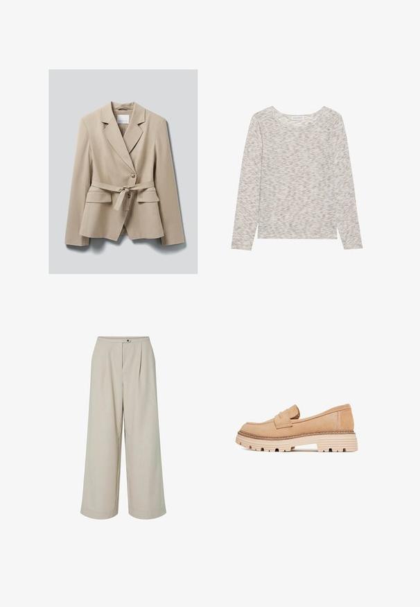 Beige skræddersyet blazer med hakkede slag, to forlommer med klap, knappelukning og et matchende stofbælte bundet i taljen.; Letthurt langærmet top i beige med en diskret struktureret overflade. Rundet halsudskæring og lige kant med lette sideskår. Blødt stof.; Beige vidde bukser med høj talje, frontknap og lynlås lukning, samt stikninger ved kanten.; Jenny Loafers - beige