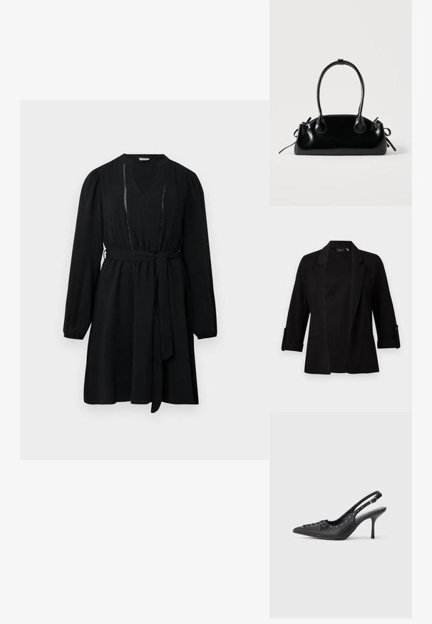 Blazer negro con mangas de tres cuartos, solapa estructurada, diseño abierto en la parte frontal y detalle de botones en las mangas. Textura de tela suave.; Vestido negro con mangas largas, escote en V, cintura elástica y un cinturón de tela. Cuenta con detalles de costura vertical a lo largo del frente.; Sandal de tacón stiletto negro de cuero con punta afilada, correa lateral con hebilla, tachuelas a lo largo del borde y cordones decorativos en la parte delantera.; Pequeño bolso negro brillante con dos asas largas y detalles de cordón lateral sobre un fondo claro liso.