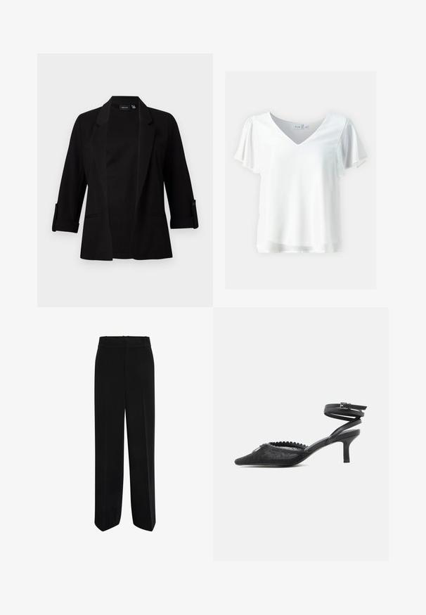 Blazer noir avec des manches trois-quarts, col structuré, design ouvert à l'avant et détail de bouton sur les manches. Texture de tissu lisse.; Haut blanc à col en V avec des manches courtes et fluides. Fabriqué dans un tissu lisse, avec un ourlet légèrement transparent et une coupe décontractée.; Pantalons larges noirs en tissu lisse, avec une taille haute et un design à l'avant plat, sans poches ni embellissements.; Escarpin noir à bout pointu avec talon kitten, dessus en dentelle, bord festonné et bride autour de la cheville avec fermeture à boucle.