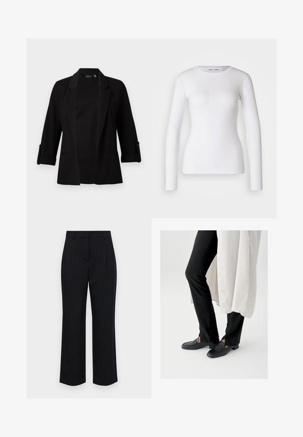 Blazer noir avec des manches trois-quarts, col structuré, design ouvert à l'avant et détail de bouton sur les manches. Texture de tissu lisse.; Chemise blanche à manches longues en tissu côtelé, avec un col rond et une coupe cintrée. Aucun motif ni accent présent.; Pantalons noirs ajustés à coupe droite, avec une taille, des plis à l'avant, et des poches latérales. Fabriqués en tissu lisse.; Mocassins en cuir noir avec un bout carré et un petit talon carré, associés à un pantalon noir ajusté et une couche extérieure blanche fluide.