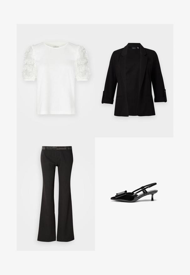 Blazer noir avec des manches trois-quarts, col structuré, design ouvert à l'avant et détail de bouton sur les manches. Texture de tissu lisse.; T-shirt blanc à manches courtes avec des détails en appliqué floral sur les manches, doté d'un col rond et en tissu en coton doux.; Pantalon noir évasé avec une ceinture texturée ornée de clous métalliques. Le tissu a une légère brillance et une finition lisse.; Talons aiguilles en cuir verni noir avec un bout pointu, un détail en nœud à l'avant et un petit talon stiletto. Les brides sont équipées de boucles ajustables.