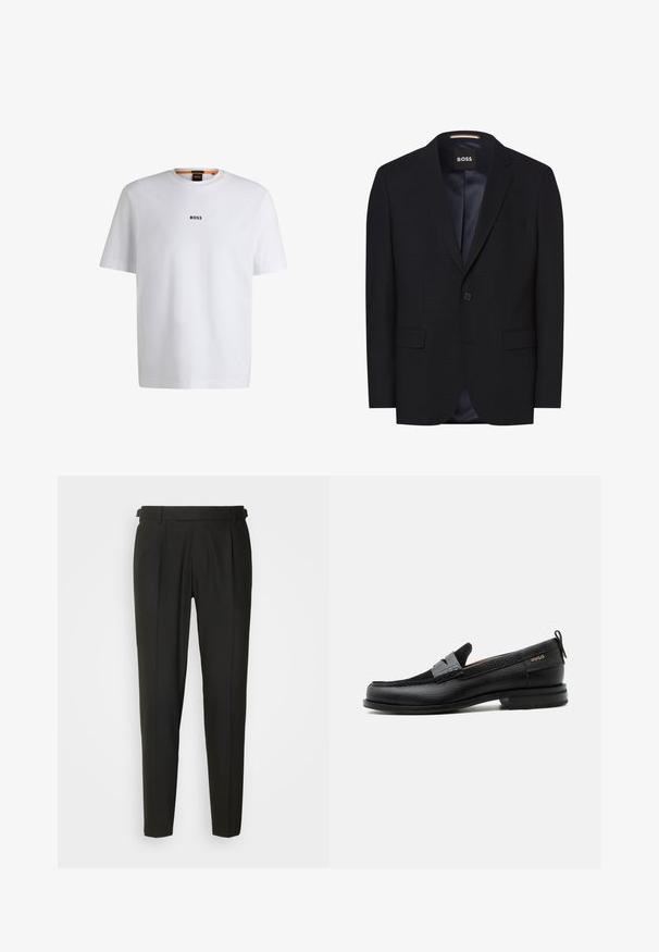 Blazer navy hecho de una tela texturizada. Presenta solapas de muesca, un cierre de un solo botón, dos bolsillos frontales y un forro interior suave.; Camiseta de algodón blanca de manga corta, con un logotipo negro "BOSS" centrado en el pecho y un diseño de cuello redondo.; Pantalones negros ajustados con frontales lisos, dos pliegues, trabillas para cinturón y diseño de pierna recta. Fabricados con una tela suave y ligera.; Mocasín de cuero negro con detalle de tira gris, tacón bajo y suela texturizada, con la marca "HUGO" en oro en el lateral.