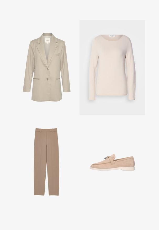 Lys beige blazer med en notched krave, enkelt knaplukning, to forlommer og en subtil tekstur. Inkluderer en detalje med en lomme på venstre bryst.; Lys pink langærmet top i blødt, let stof med en rund halsudskæring og en subtil tekstur over hele overfladen.; Beige skræddersyede bukser med lige ben, der har en plisseret front, bæltestropper og subtile syninger. Glat, letvægtigt stof.; Beige ruskind slip-on loafer med hvid sål, metalspænde på toppen og "Melvin & Hamilton" præget på siden.
