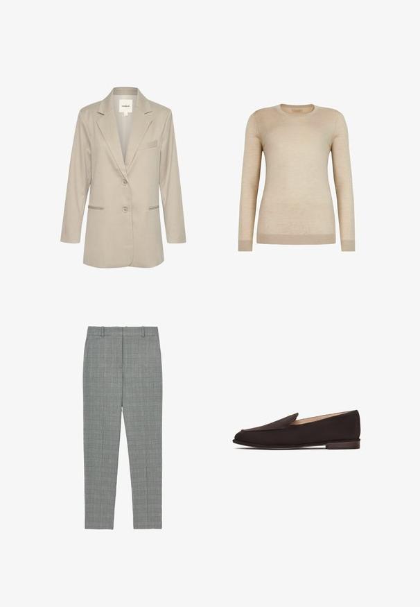 Lys beige blazer med en notched krave, enkelt knaplukning, to forlommer og en subtil tekstur. Inkluderer en detalje med en lomme på venstre bryst.; Beige langærmet sweater lavet af blødt materiale med rund halsudskæring, ribbede manchetter og en tætsiddende silhuet. Ingen synlige mønstre eller accenter.; Grå ternede tapered bukser med bæltestropper og flad front, designet til en skræddersyet pasform.; Sorte loafers med en glat stofoverdel, spids tå og lavt træhæl. Har et enkelt slip-on design uden synligt udstyr eller pynt.