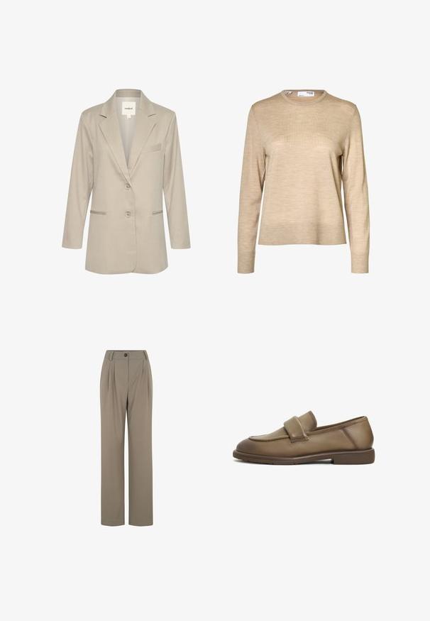 Lys beige blazer med en notched krave, enkelt knaplukning, to forlommer og en subtil tekstur. Inkluderer en detalje med en lomme på venstre bryst.; Beige langærmet uldsweater med rund hals og ribstrikkede manchetter og kant, vist mod en hvid baggrund.; Beige skræddersyede bukser lavet af glat stof med en bred benudskæring, der har plisseringer, en central fold og en enkelt knaplukning.; Brune læder loafers med en blød tekstur, der har et bredt strop over vristen og en lav, flad gummisål. Rent, understated design.