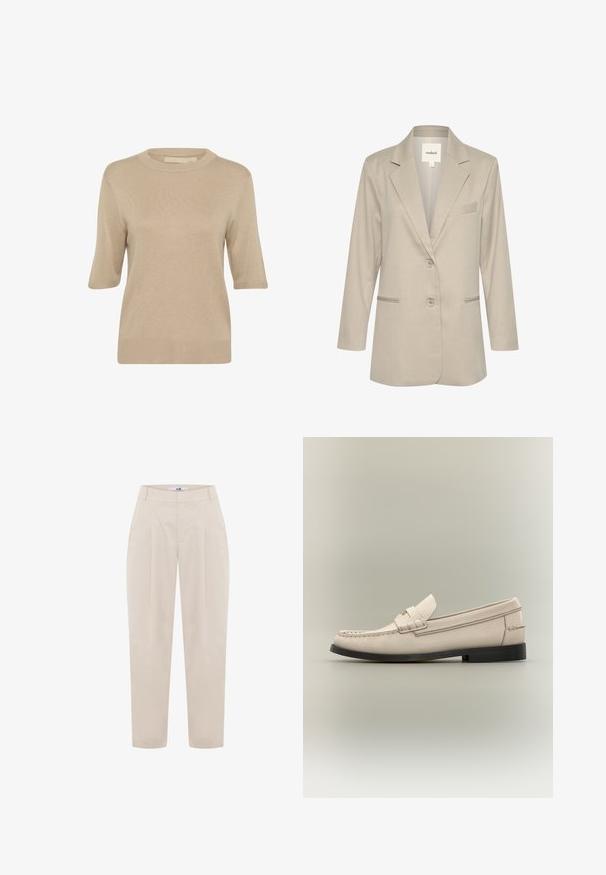 Vaalean beige takki, jossa on lovettu kaulus, yksittäinen nappikiinnitys, kaksi etutaskua ja hienovarainen rakenne. Sisältää vasemman rinnan taskudetailin.; Culture CUEBBA ANNEMETTE - Neule - tannin; Beige-harmaat housut korkealla vyötäröllä, laskostetulla etuosalla ja kapenevilla lahkeilla. Valmistettu kevyestä kankaasta, joka on sileä tekstuuriltaan.; Miesten beige nahkainen loafer-mokkasiini mustalla pohjalla ja koristeellisella remmillä vaaleanharmaalla taustalla.