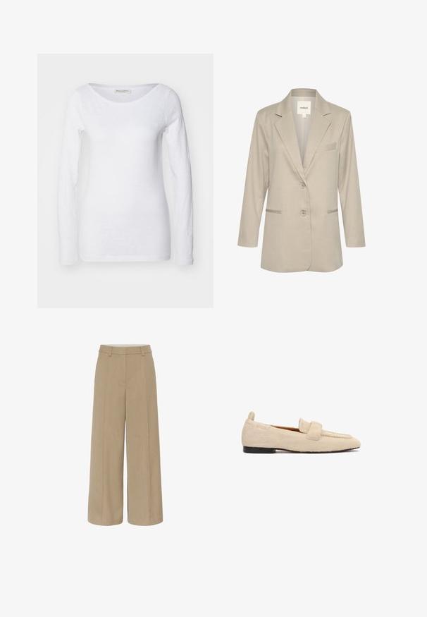 Lichtbeige blazer met een gecapitonneerde kraag, enkele knoopsluiting, twee voorzakken en een subtiele textuur. Inclusief een detail van een borstzak aan de linkerzijde.; Witte longsleeve top met een ronde hals. Gemaakt van zachte, gestructureerde stof. Heeft een relaxte pasvorm en naadloze manchetten.; Beige wijde broek met hoge taille, voorzien van voorplooien, riemlussen en scherpgeäge naden voor een gestructureerde pasvorm.; Beige platte loafer met een gestructureerd, bontachtig oppervlak, zwarte zool en een brede band over het bovenste deel van de schoen.
