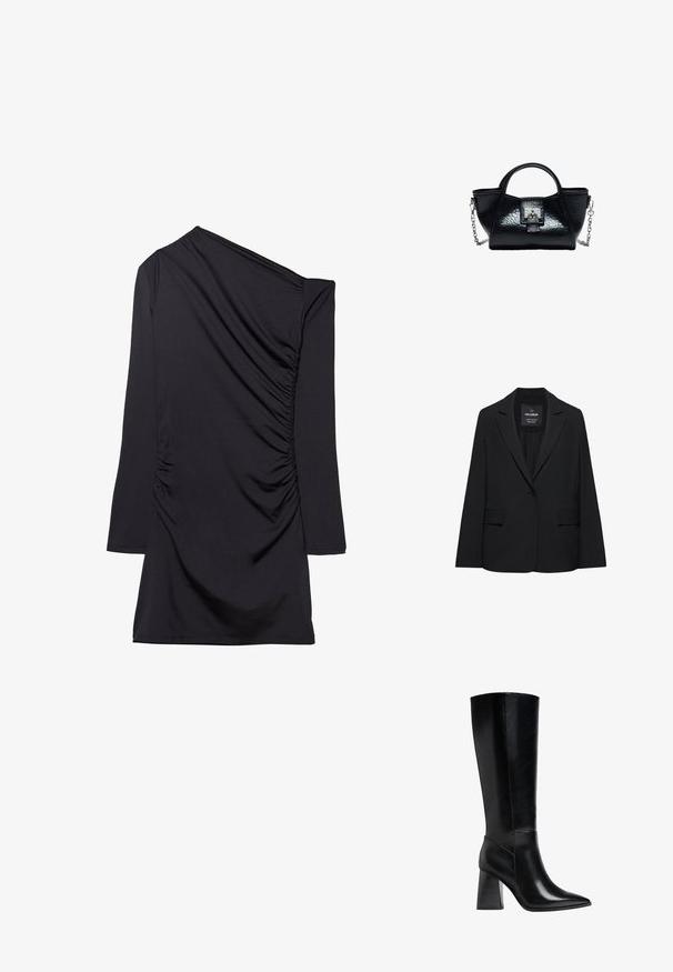 Blazer noir sur mesure avec fermeture à un bouton, revers crantés et poches à rabat, étiquette Pull&Bear, présenté sur fond blanc.; Robe noire avec un design une épaule, manches longues et texture froncée sur le côté. Fabriquée en tissu doux et extensible.; Bottes noires montantes en cuir lisse, avec un bout pointu et un talon carré avec des rayures verticales. Design minimaliste.; Sac à main en cuir noir avec une poignée incurvée, une serrure argentée à l'avant et une bandoulière chaîne argentée amovible sur fond blanc.