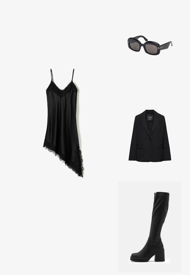 Zwart op maat gemaakte blazer met een enkele knoopsluiting, notch-revers en klepzakken, gelabeld Pull&Bear, weergegeven tegen een witte achtergrond.; Zwarte satijnen cami met verstelbare bandjes, voorzien van een kanten rand bij de halslijn en een asymmetrische zoom met kantdetails.; Zwarte knie-hoge laarzen van glad synthetisch materiaal, met een dikke blokhak en een gestroomlijnd ontwerp met een elastische bovenrand.; Zwarte oversized zonnebril met een glanzende afwerking, vierkante lenzen en gouden accenten op de tempels. Beschikt over een gedurfde, chunky uitstraling.