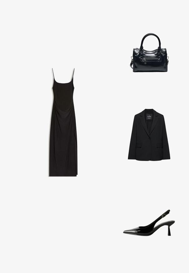 Blazer noir sur mesure avec fermeture à un bouton, revers crantés et poches à rabat, étiquette Pull&Bear, présenté sur fond blanc.; Robe maxi noire sans manches avec fines bretelles, côtés froncés et encolure carrée sur fond blanc.; Racine à talon en cuir verni noir avec un nez pointu, des côtés découpés, une bride de cheville ajustable et un talon fin et élégant.; Sac à main en cuir noir brillant avec deux poignées, poche avant zippée et bandoulière amovible sur fond blanc.