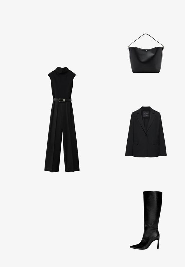 Blazer noir sur mesure avec fermeture à un bouton, revers crantés et poches à rabat, étiquette Pull&Bear, présenté sur fond blanc.; Combinaison noire sans manches avec col montant et jambes larges, dotée d'une ceinture noire avec une boucle rectangulaire argentée à la taille.; Botte en cuir noir montée jusqu'au genou, avec un bout pointu, un talon aiguille haut, une finition lisse et un design simple et épuré sans ornements.; Sac à bandoulière en cuir noir avec une seule sangle et une quincaillerie discrète dorée, avec un bord supérieur lisse et légèrement arrondi.