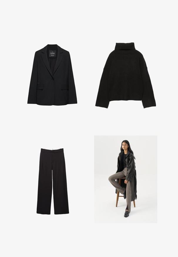 Blazer noir sur mesure avec fermeture à un bouton, revers crantés et poches à rabat, étiquette Pull&Bear, présenté sur fond blanc.; Pull noir en maille avec un col roulé côtelé haut et des épaules tombantes. Présente une coupe décontractée et carrée avec des poignets et un ourlet côtelés.; Pantalon large noir à plis avant avec passants pour ceinture, coupe ajustée, taille moyenne, et fermeture avant dissimulée.; Manteau trench en cuir noir avec des boutons et une ceinture, associé à un pantalon ajusté marron clair et des mocassins noirs, assis sur un tabouret en bois.