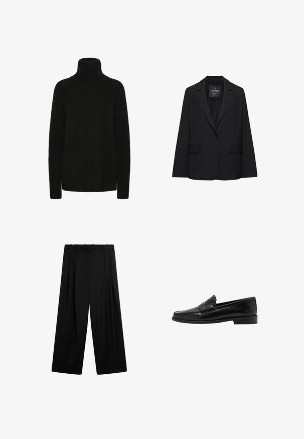 Sort skræddersyet blazer med enkeltknaplukning, skrå kraver og klaplommer, mærket Pull&Bear, vist på en hvid baggrund.; Sort turtleneck trøje lavet af blødt, tekstureret materiale; løs pasform med ribbet krave og manchetter. Lange ærmer og ingen synlige mønstre.; Sorte bukser med brede ben, forplisseringer foran, bæltestropper og en flad linning, vist mod en hvid baggrund.; Mango Loafers - black