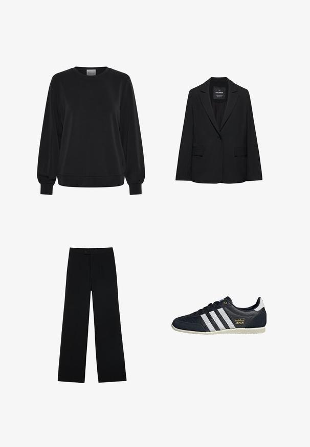 Sort skræddersyet blazer med enkeltknaplukning, skrå kraver og klaplommer, mærket Pull&Bear, vist på en hvid baggrund.; Sort sweatshirt med lange ærmer, rund hals og ribbede manchetter. Har en glat tekstur og et diskret logo-detalje på fronten.; Sorte vidde bukser lavet af glat stof, med en frontknaplukning og to plissee for ekstra detaljer. Skræddersyet design i det hele taget.; Sorte lædersneakers med tre hvide striber, en struktureret finish, guld "adidas JAPAN" logo og en gummisål med grebmønster.