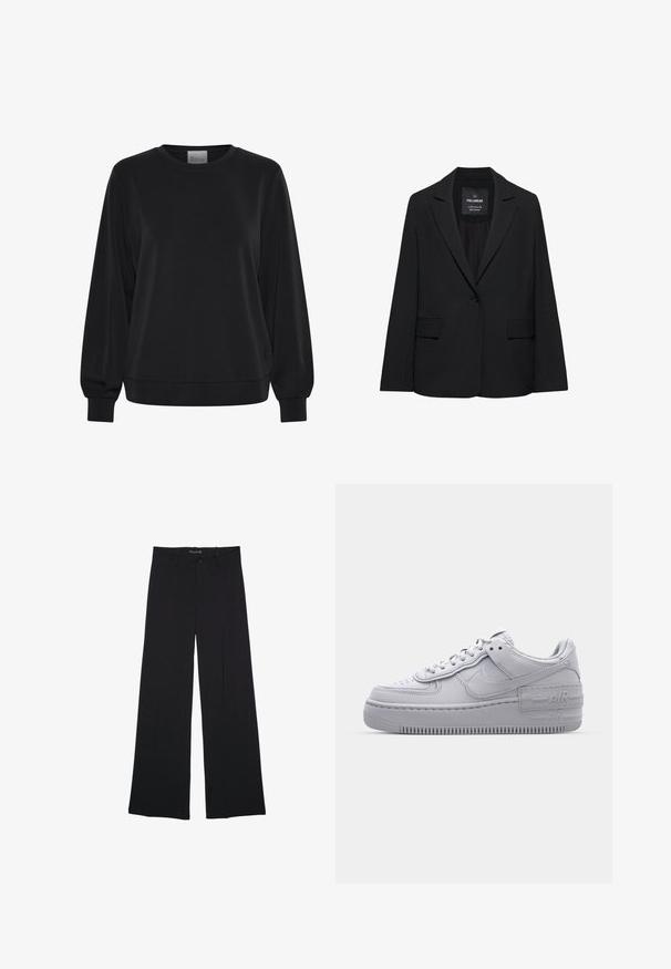 Sort skræddersyet blazer med enkeltknaplukning, skrå kraver og klaplommer, mærket Pull&Bear, vist på en hvid baggrund.; Sort sweatshirt med lange ærmer, rund hals og ribbede manchetter. Har en glat tekstur og et diskret logo-detalje på fronten.; Sorte bukser med vide ben, bæltestropper, knaplukning foran og lynlås, lagt fladt på en hvid baggrund.; Grå Nike Air Force 1 sneakers med perforeret tå, glat læderoverdel, tyk sål og præget 'AIR' detalje på hælen.