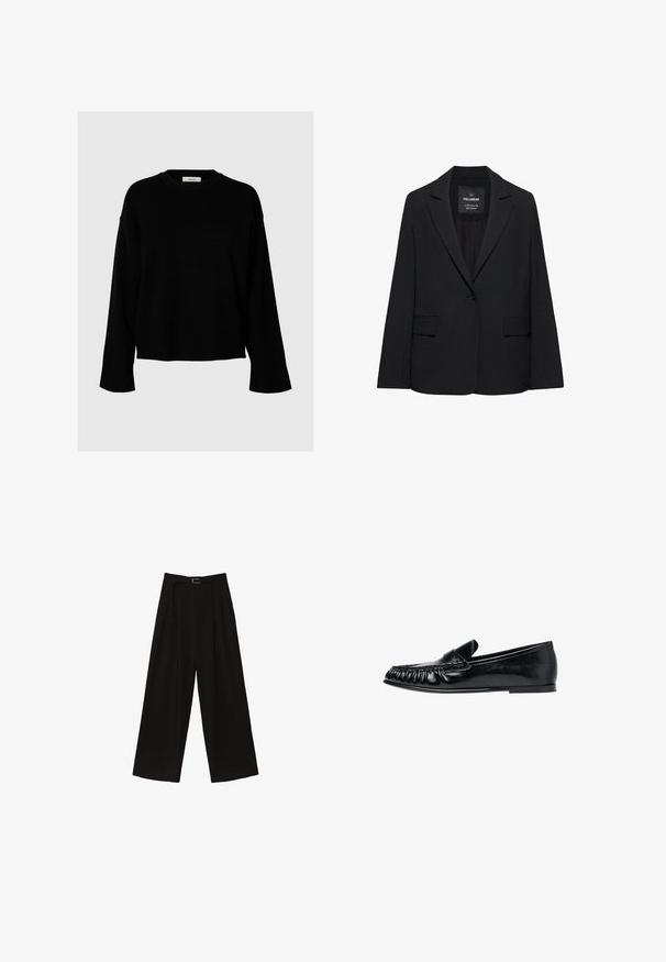 Blazer noir sur mesure avec fermeture à un bouton, revers crantés et poches à rabat, étiquette Pull&Bear, présenté sur fond blanc.; Un pull noir avec une coupe ample, des manches longues, un col rond et des poignets côtelés, fabriqué en tissu doux et texturé.; Pantalons larges noirs à taille haute, dotés d'une ceinture à la taille et de plis pour ajouter de la texture. Fabriqués dans un tissu lisse et léger.; Mocassin en cuir noir avec couture style mocassin et semelle plate, vu de côté droit sur fond blanc.